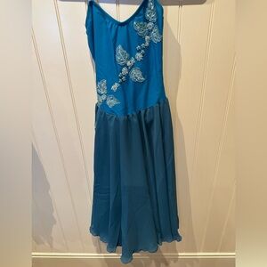 Penche Petite Teal Blue Lyrical Dance Dress with White Floral Appliqué